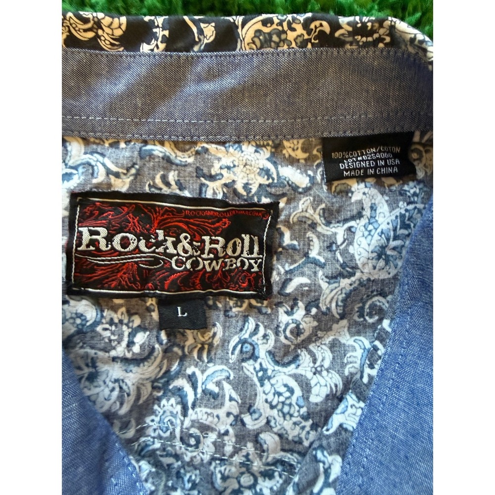 Rock and Roll Cowboy Mens Long Sleeve Western Pearl Snap Shirt Blue Paisley L - Picture 3 of 8